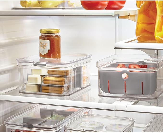 iDesign Small Fridge Berry Bin with Removable Colander Basket and Lid - Set of 6 - Clear/Gray