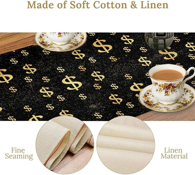 Funny Dollar Table Runner, Cartoon Gold Abstract Art Dollar Bill Symbol Plant Moon Owl Plant Table Decor Table Top Dining Kitchen Wedding Party 13x108 Inch