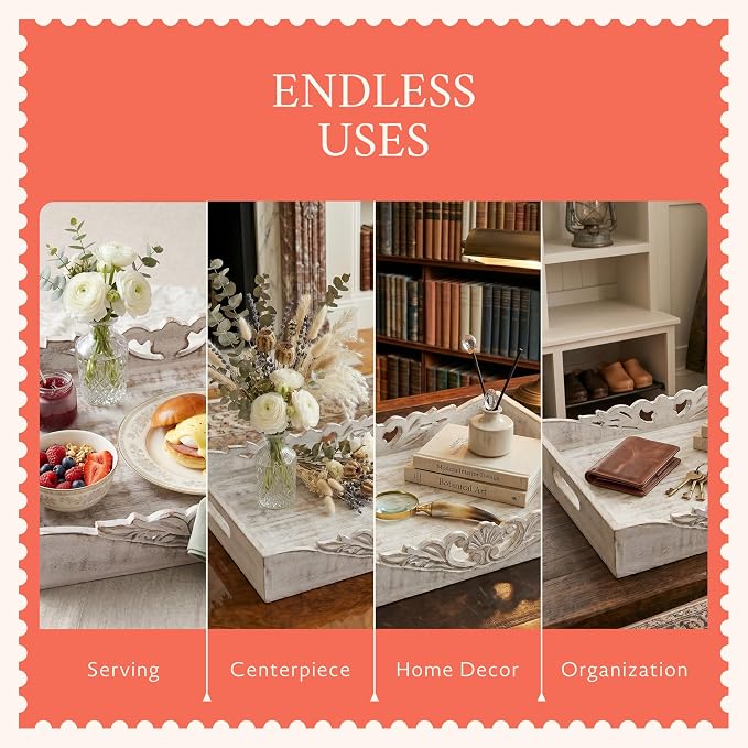 Mela Artisans 16” x 12” x 2.5” Mango Wood Orchid Serving Tray with Handles – Ottoman Distressed White– Large Handcrafted Wooden Serving Board for Coffee, Snacks & Home Décor