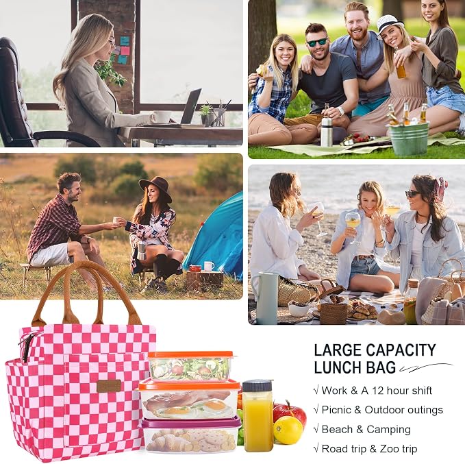 Joymee Lunch Bag Women, Reusable Leakproof Cooler Tote - Checker Pink | Spacious Storage, Bottle Holder & Pockets, Leakproof Insulated, for Work, Travel, Picnic, Daily Use, for Adult