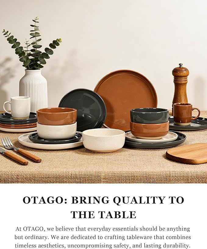 OTAGO Coffee Mugs for 4, 12 oz Mug Set, Partially Unglazed Base,Dringking Cup with Handle for Coffee, Tea, Cocoa, Milk, Brown
