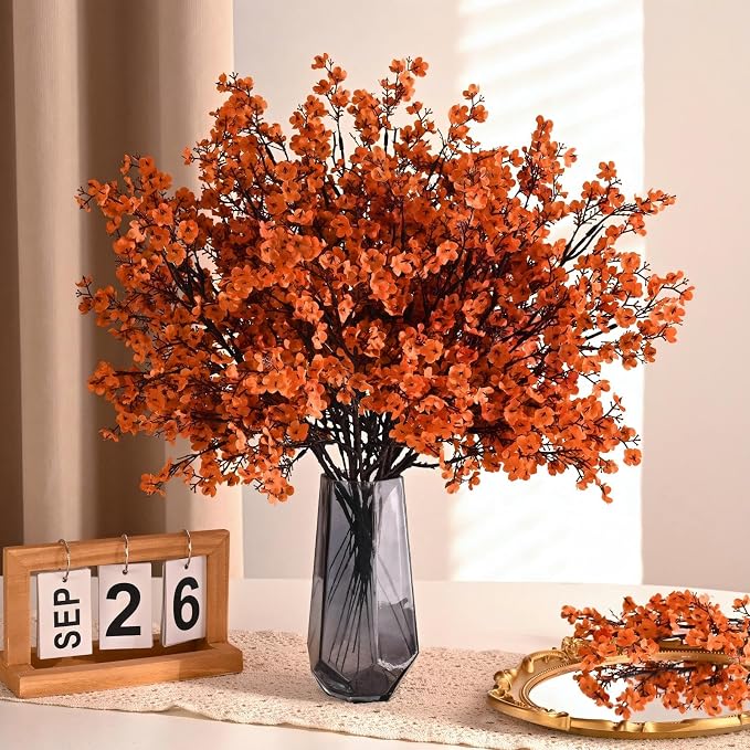 Waipfaru 6 Pcs Fake Flowers Babys Breath Silk Artificial Orange Flowers Gypsophila Bouquets Bulk Real Touch Fall Stems for Fall Thanksgiving Autumn Decor DIY Floral Arrangement Table Centerpieces