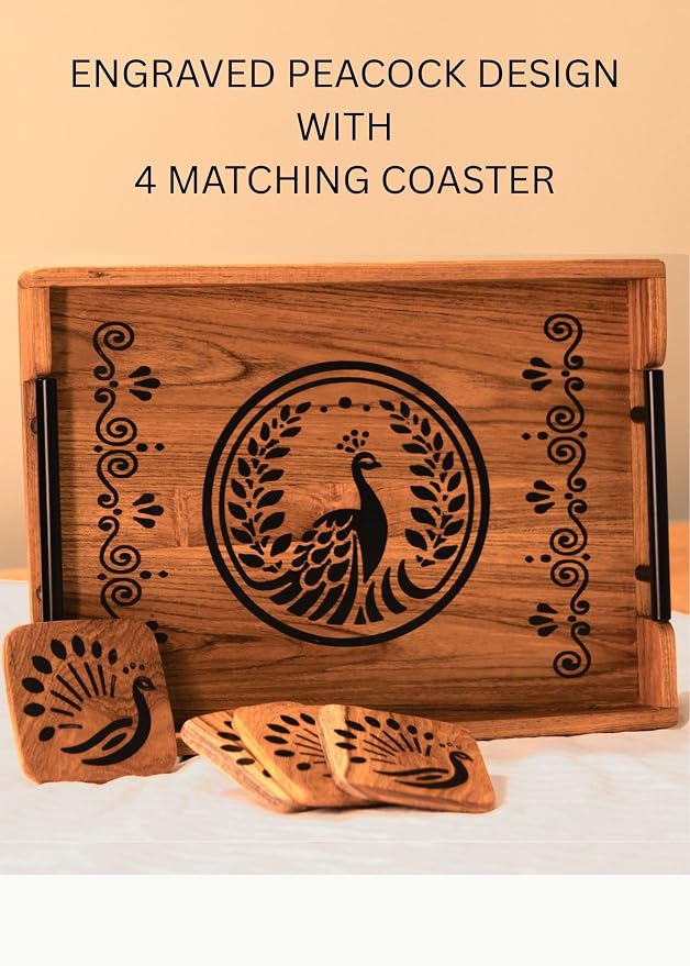 Teak Wood Serving Tray I Rectangular Wooden Tray for Tea, Coffee & Snacks I Wooden Tray Set for Serving I Set of 4 Coasters I 15x11x2 inch (Mayur Tray)