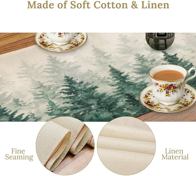 Forest Table Runner, Vintage Rustic Natural Green Watercolour Misty Pine Tree Grove Table Decor Table Top Dining Kitchen Wedding Party 13x70 in