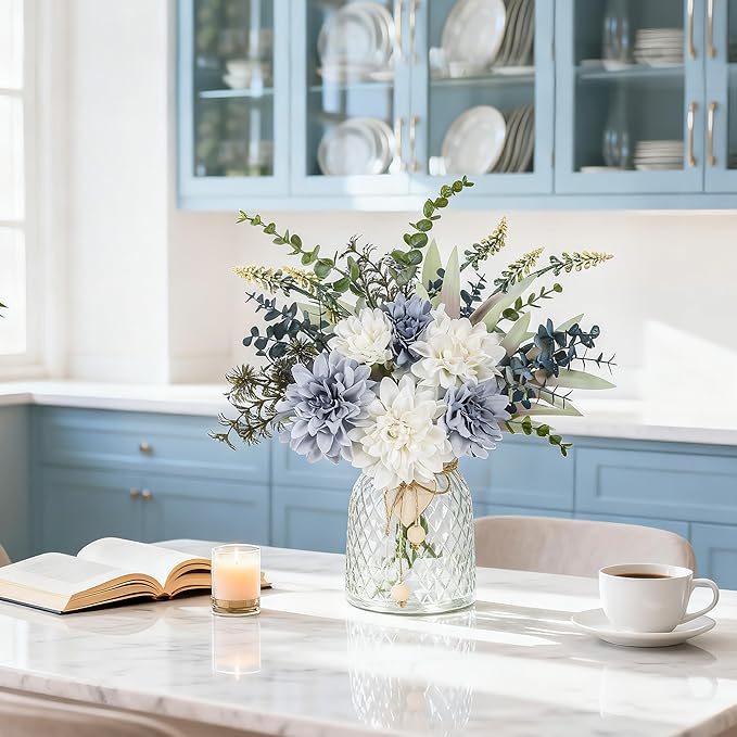 Der Rose Fake Flowers in Vase Silk Artificial Navy Blue Flowers Arrangements with Glass Vase for Dinning Coffee Table Centerpieces Home Kitchen Farmhouse Wedding Decor