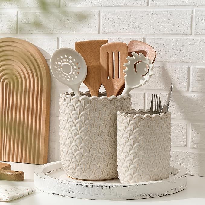 JIEMEI HOME Kitchen Utensil Holder, Large 7.5"+6.2" Petal Ceramic Utensil Crock for Countertop, Utensil Holder with Cork Mat, Morden Utensil Organizer for Spatula, Kitchen Decor, Set of 2, Aged Ivory