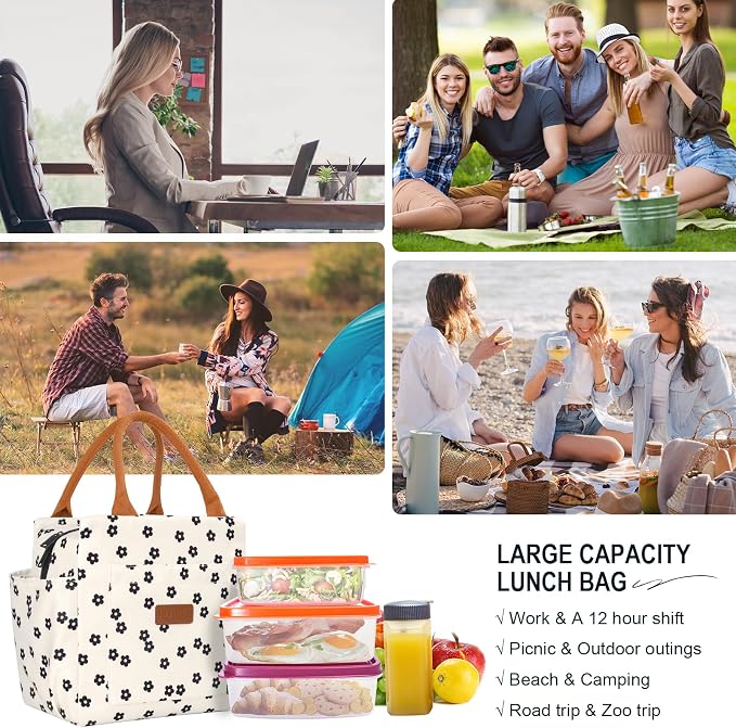 Joymee Insulated Lunch Box for Women Reusable Lunch Bag-Black Little Floral | Spacious Storage, Bottle Holder & Pockets, Leakproof Insulated, for Work, Travel, Picnic, Daily Use, for Adult