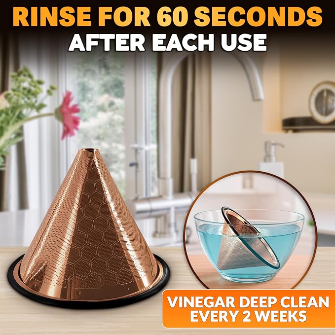 Pour Over Coffee Filter Reusable Stainless Steel - 800 Mesh Copper Cone with Black Ring for Clean, Sediment-Free Brew, Compatible with Hario V60 & Chemex, Paperless Coffee Dripper with Cleaning Brush