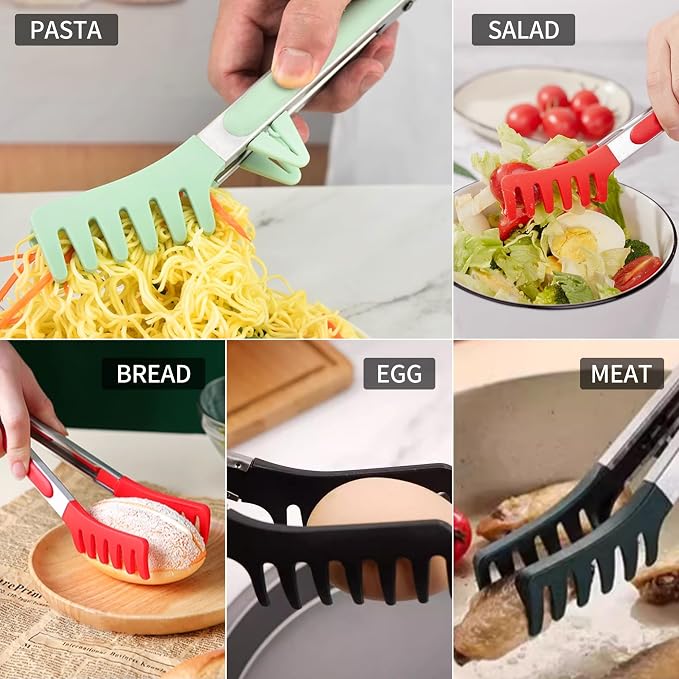 Professional Stainless Steel Pasta Tongs with Non-Slip Silicone Teeth - Heat Resistant 600°F, Dishwasher Safe Spaghetti Server Utensil for Cooking, Baking, Salad...(red)