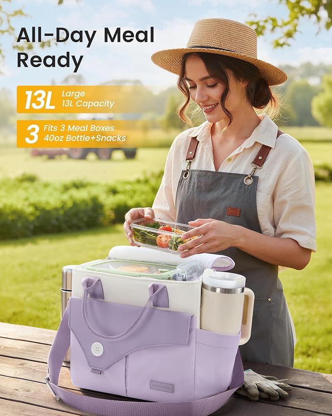 LOVEVOOK Insulated Lunch Bag for Women, Wide Opening Leakproof Cooler Tote withCup Holder and Shoulder Strap, Adult Large Lunch Box for Work Picnic,Purple