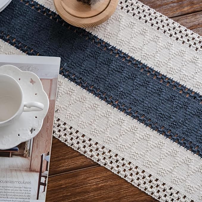 Macrame Table Runner Cream Beige and Blue Boho Table Runners with Tassels Hand Woven Cotton Table Runner Rustic Farmhouse Table Runners for Bohemian Kitchen Dining Table(12x48in)