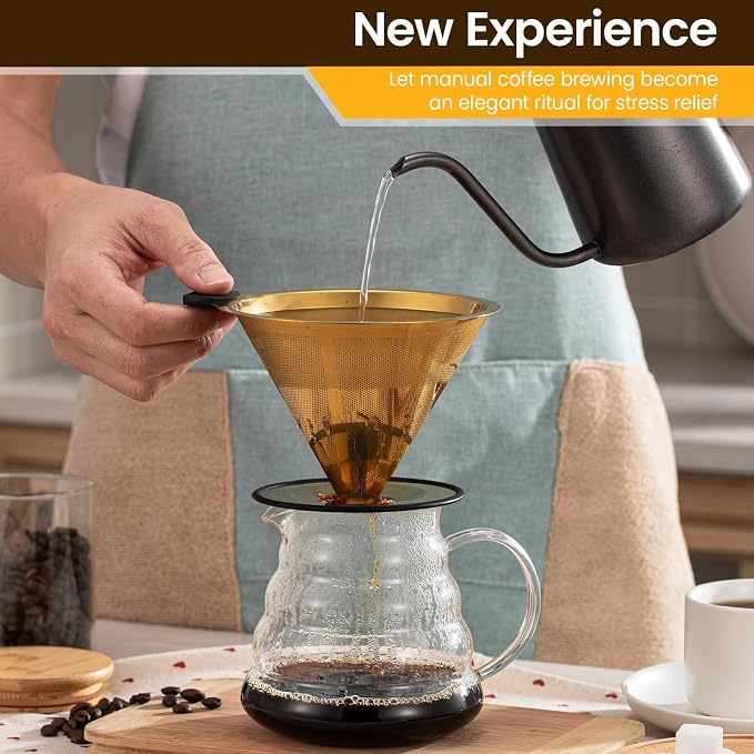 【2.0 Upgraded】 Pour Over Coffee Dripper – Paperless Reusable Stainless Steel Double-Mesh Cone Filter, Single Cup Pour Over Coffee Maker for Perfect Extraction (1–6 Cup)