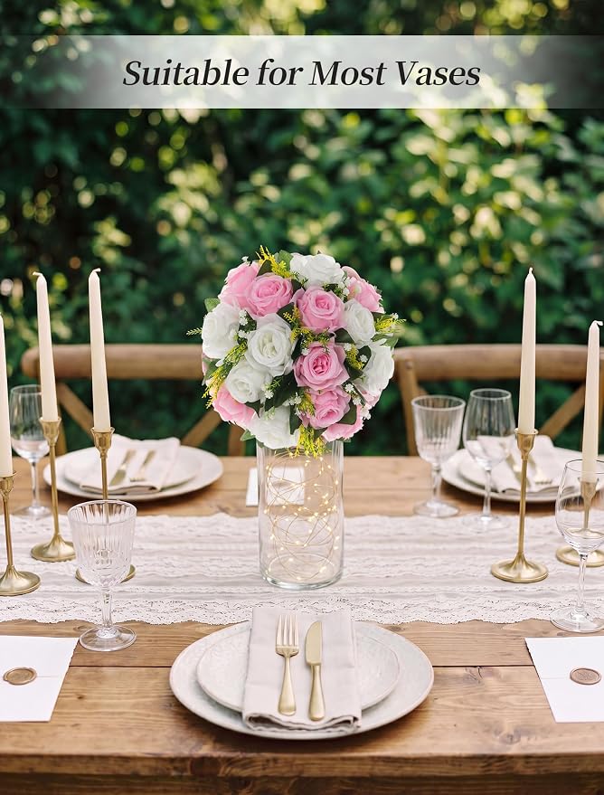 BLOSMON Flower Balls Wedding Centerpieces: 10 Pcs Pink White Fake Roses | 9.5 Inch Artificial Kissing Floral Balls Arrangements - Faux Flower Bouquet with Base for Home Party DIY Decorations