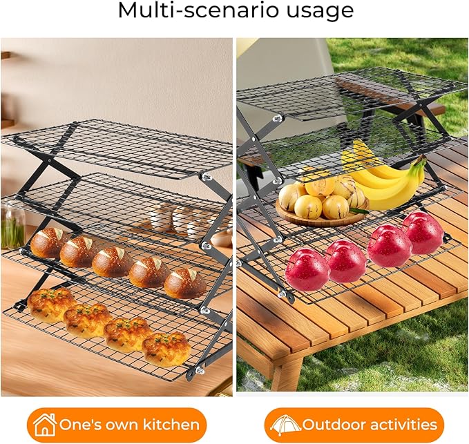 4-Tier Collapsible Cooling Rack with Adjustable 3 Setting, Wire Cooling Roasting Cooking Baking Drying Rack for Cookies Bread Turkey, Candy, Fruit, Snacks