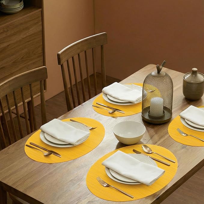 AHHFSMEI Oval Placemats Set of 6 Woven Vinyl Non-Slip Heat Resistant Stain Resistant Easy Clean Place mats for Dining Table(Yellow)