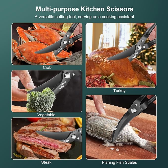 SUCCFLY Kitchen Shears Heavy Duty, Premium Kitchen Scissors Stainless Steel, 8.8" Poultry Shears Ultra Sharp for Bone Chicken Meat, Food Scissors Anti-Slip Handle, Black Titanium Plated, Spring Loaded