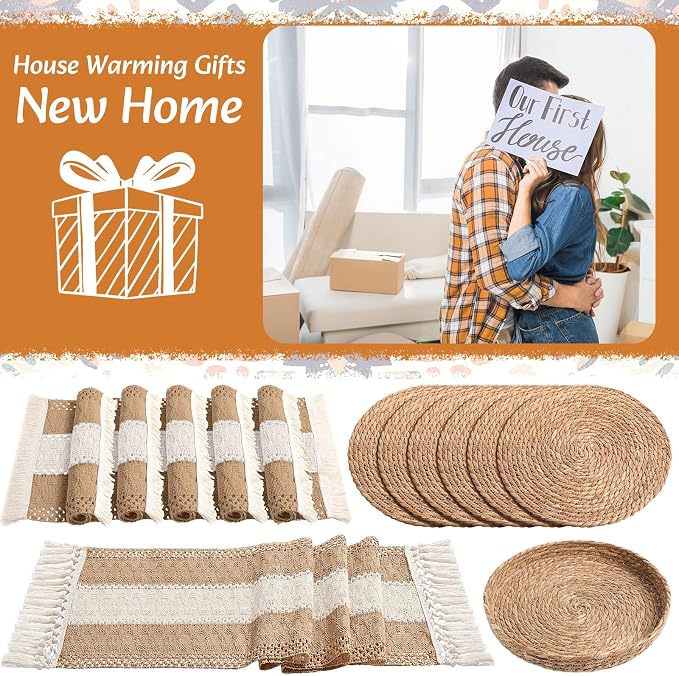 Boho Placemats 4/6/8 Set of Round Woven Placemat Macrame Style Bicolor Stitching Long Table Runner Farmhouse Rustic Natural Burlap Cotton for Kitchen Dining Table(6 Sets,Khaki B,12x72)