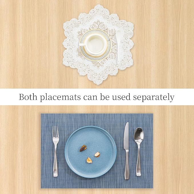BACKTOEDEN Placemats Set of 4 Heat Resistant Washable Wipeable Placemat Woven Non-Slip Foldable Vinyl/Plastic Place Mats Indoor/Outdoor Mat Kitchen Dining Table Pad, White Snowflake & Blue
