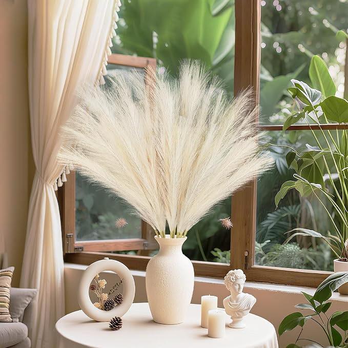 TORONTOKYO 8Pcs Beige Faux Pampas Grass Tall Decor, 35.4” Fluffy Artificial Pompous Grass Branches, Large Pampas Grass Reed Stems for Floor Vase Filler, Wedding, Baby Shower, Home Boho Decor