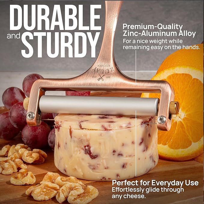 Zulay Adjustable Cheese Slicer - Wire Slicer For Mozzarella, Cheddar, Gouda - Heavy Duty With 2 Extra Wires (Copper)