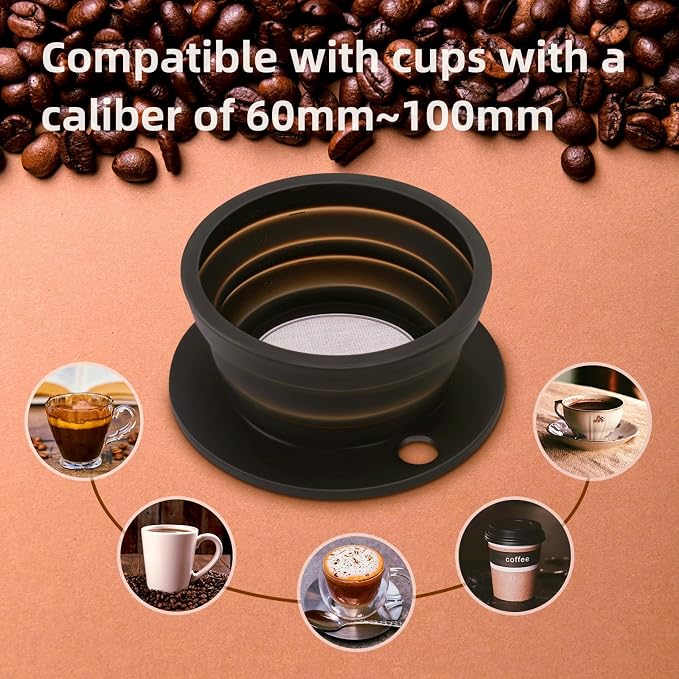 2-Packs Paperless Collapsible Pour Over Coffee Dripper, Travel Pour Over Coffee Maker Camping, Travel Pour Over Coffee Kit, Camping Pour Over Coffee Maker 1 Cup, Black