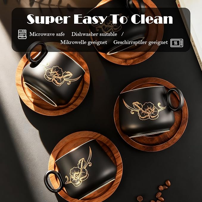 Yundu 10oz Cappuccino Cups & Wooden Saucers Set with Gold Floral Art, Latte Art Cup for Espresso, Coffee & Tea, Modern Matte Black Ceramic Tea Cup Set of 4