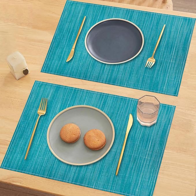 Niviy Teal Blue Placemats Set of 4, 12x18 Inch Washable Easy to Clean Heat-Resistant Anti-Skid Teal Blue Placemats for Holiday Party Kitchen Dining Room Decoration