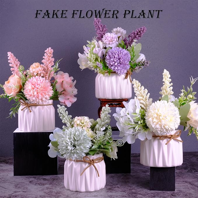 Artificial Potted Flowers, Small Ceramic Vase Fake Flower Plants Desktop Decoration Indoor for Home and Office, Faux Flowers Hydrangea Decora for Table,Bookshelf,Bedroom,Living Room,Party.(Green)