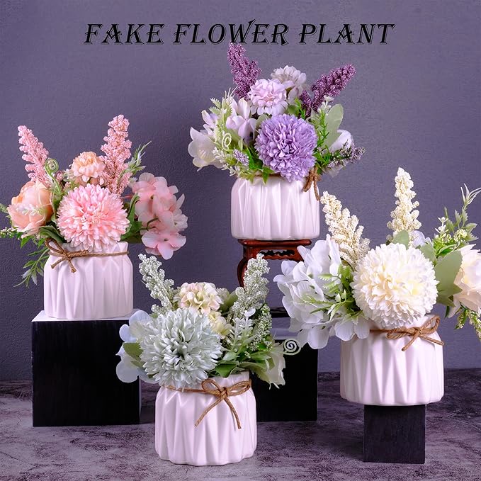 Artificial Potted Flowers White, Small Ceramic Vase Fake Flower Plants Desktop Decoration Indoor for Home and Office, Faux Flowers Hydrangea Decora for Table,Bookshelf,Bedroom,Living Room.(White)