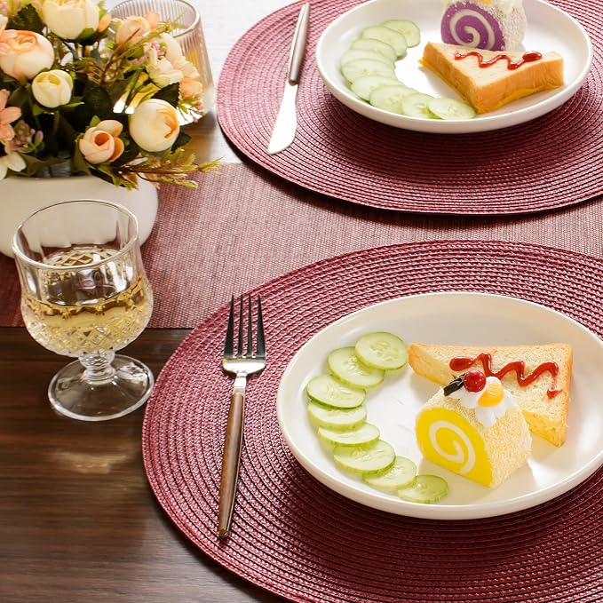 FunWheat Round Braided Placemats Set of 6 Table Mats for Dining Tables Woven Washable Non-Slip Place mats 15 inch(Burgundy, 6pcs)