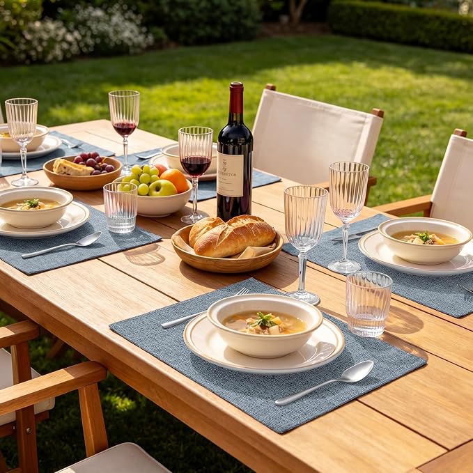 homing Faux Cotton Linen Placemats Set of 6, Cloth Washable Farmhouse Dining Table Mats for Indoors & Outdoors, Easy to Clean, Denim Blue, 13 x 19 Inch