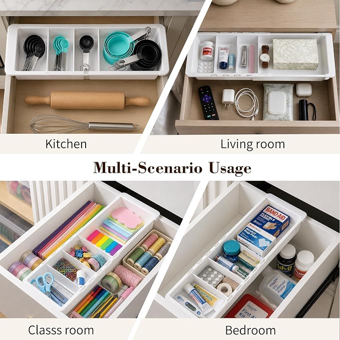Expandable Measuring Cup Organizer & Measuring Spoon Organizer for Deep Drawers, 11.4''–18.1'' Adjustable Kitchen Drawer Organizer with 3 Dividers, Space-Saving Flatware Bin for Home & Kitchen