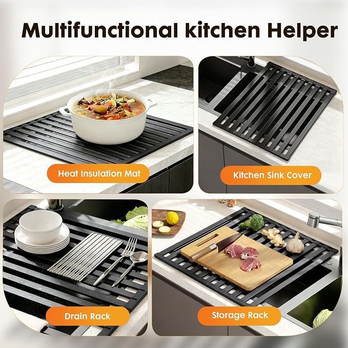 Foldable Over Sink Dish Drying Rack, Extra Wide & Thick Rust-Proof Aluminum Sink Cover for Counter Space, Collapsible Dish Drying Rack Fits Most Kitchen Sinks (Black, 23.6“x13.6)