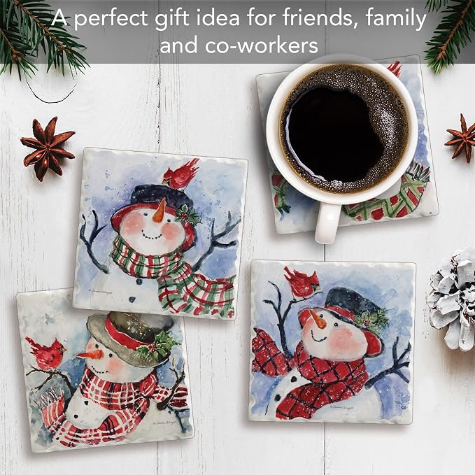 Thirstystone Watercolor Snowman 4 Pack Assorted Tumbled Tile Stone Coasters with Protective Cork Backing 4" Square Manufactured in the USA