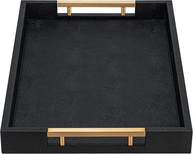 Black Faux Leather Large Square Tray with Handles – Decorative Serving for Coffee Table, Ottoman, Living Room & Bathroom