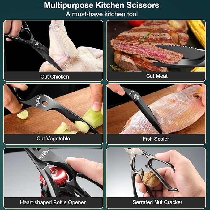 SUCCFLY Kitchen Scissors for Food,Premium Kitchen Shears Heavy Duty,8.8″Ultra Sharp Meat Scissors Detachable Blade,All Steel Poultry Shears Black Titanium Plated,Anti-Slip Cooking Scissor All Purpose