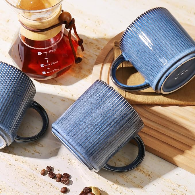 MONITO 16Oz Coffee Mugs Set of 4, Rustic Ceramic Coffee Cups Set with Large Handle, Vintage Striped Stoneware Coffee Mugs for Latte, Cocoa, Tea, Milk, Microwave & Dishwasher Safe, Deep Blue