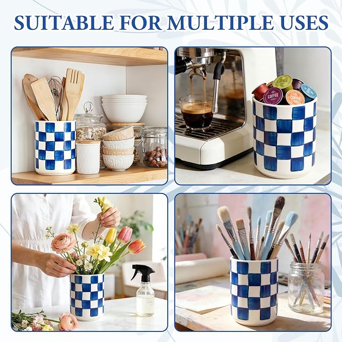 JarThenaAMCS Kitchen Utensil Holder 6.3 Inch Checkered Ceramic Cooking Utensil Holder Modern Watercolor Blue White Plaid Utensil Crock for Home Kitchen Countertop Storage Organizer Container
