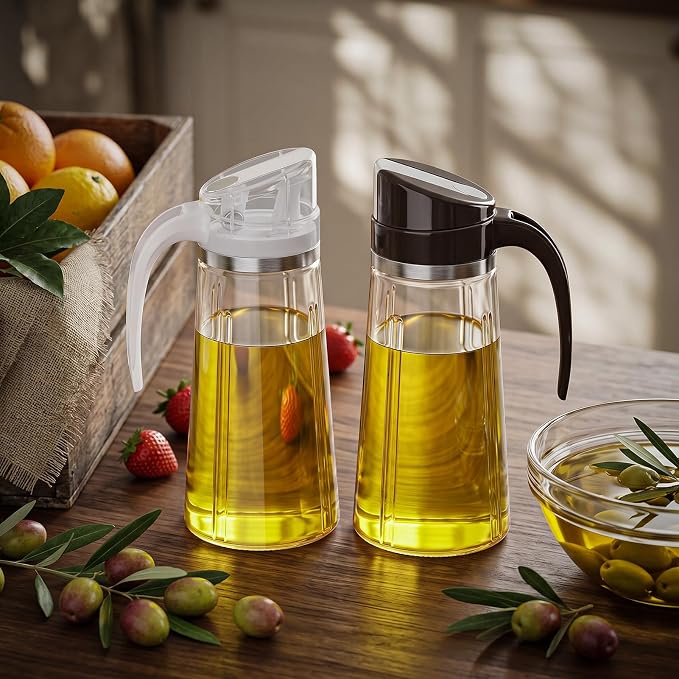 Marbrasse Oil Dispenser for Kitchen,20 OZ /600ml Leakproof Glass Oil Bottle with Auto Flip Cap,Olive Oil Container for Kitchen Cooking (White)