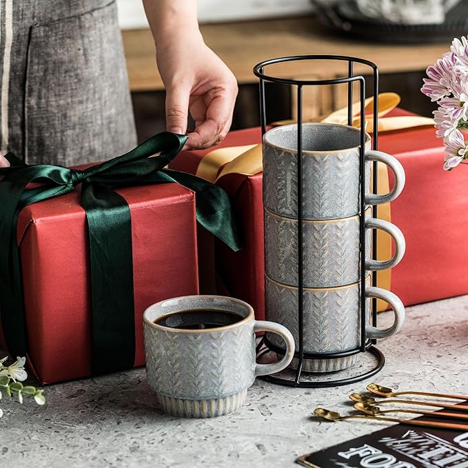 Miamolo Coffee Mugs Set of 4 with Spoons & Stand, Stackable Espresso Cups 13oz Coffee Mug for Drinks Latte Cappuccino Tea, Coffee Cup for Women Men Couples Housewarming Birthday Gift, Dishwasher Safe