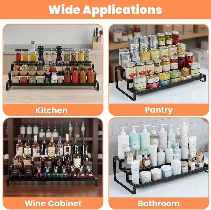Spice Rack Organizer for Cabinet, Expandable 3 Tiered Spice Rack, Metal Spices Organizer, Display Shelf Organizers for Cabinet, Countertop, Pantry, Cupboard (Black)