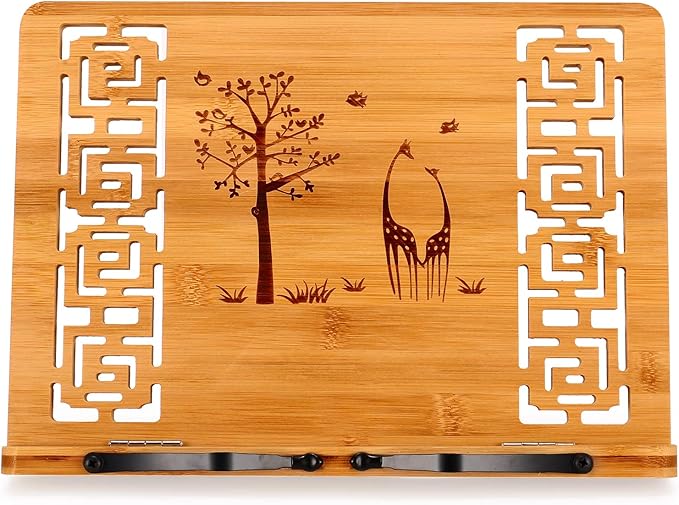 MEGREZ Book Stand for Reading (13.2 x 9.4 inch) Bamboo Cookbook Stand Holder for Kitchen, Adjustable Book Holder Stand for Tablet/Textbook Holder/Hollow Bookrest Stand, Giraffe and Tree