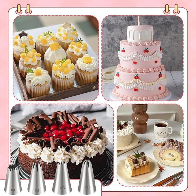 107pcs 1M 2D 4B 6B Piping Tips and Bags Set, Stainless Steel Large Piping Tips with 100 Disposable Icing Bags, Pastry Coupler, 2 Bag Ties, Frosting Icing Kit for Cake Rosettes Swirls Decorating