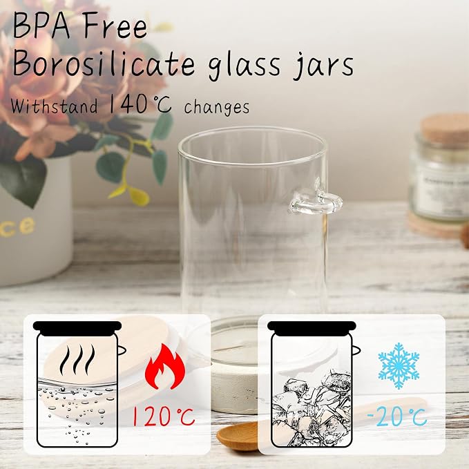 Glass Sugar Container with Spoon - 4 Pack 15oz Glass Jars with Bamboo Lid and Spoon, Bamboo Lid Storage Jar Containers for Coffee Beans, Spice, Brown Sugar, Tea, Flour, Nuts, Candy, Salts and More