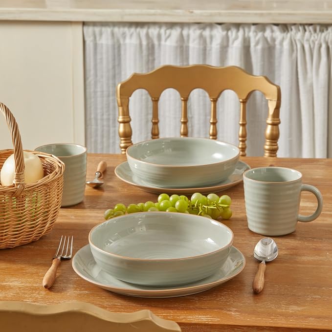 Bico Ceramic Coffee Mugs Set of 4, 17 oz Stoneware Coffee Cups with Handle and Ribbed Texture, Lead-Free Microwave and Dishwasher Safe, Warm Earthy Mug Set for Tea, Latte, Hot Chocolate (Sage Green)
