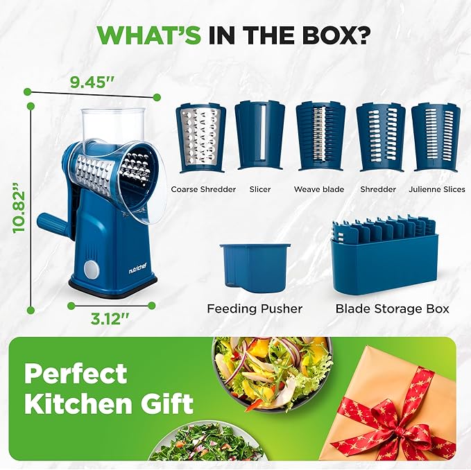 NutriChef 5 in 1 Cheese Grater & Shredder | 5 Different Blades for Thin, Thick, Julienne Strips, Wavy, & Straight Strips | Includes Hand Crank, Strong Suction Base & Storage Container | Blue