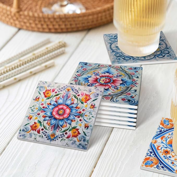 Coaster for Drinks Set of 6, Blue Vintage Spanish Ceramic Floral Absorbent Round Ceramic Stone Mat, with Cork Base and Metal Holder, Gift for Housewarming Room Bar Decor (Ornate Mosaic Tile-6)