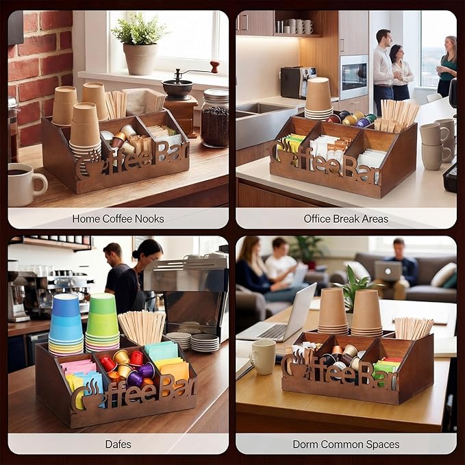 Coffee Station Organizer for Counter Wood Countertop Accessories Organizer Coffee Pods Holder Storage Basket for Pods Condiment Syrup Tea Cups Stirrers for Rustic Bar Decoration(Brown)