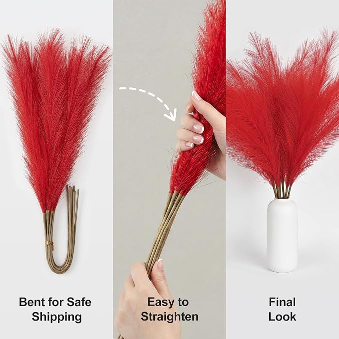 ZIFTY Boho Decor 7-Pcs 38"/3.1FT Faux Pampas Grass Large Tall Fluffy Artificial Fake Flower Bulrush Reed Grass for Vase Filler Farmhouse Home Wedding Decorations (Red)
