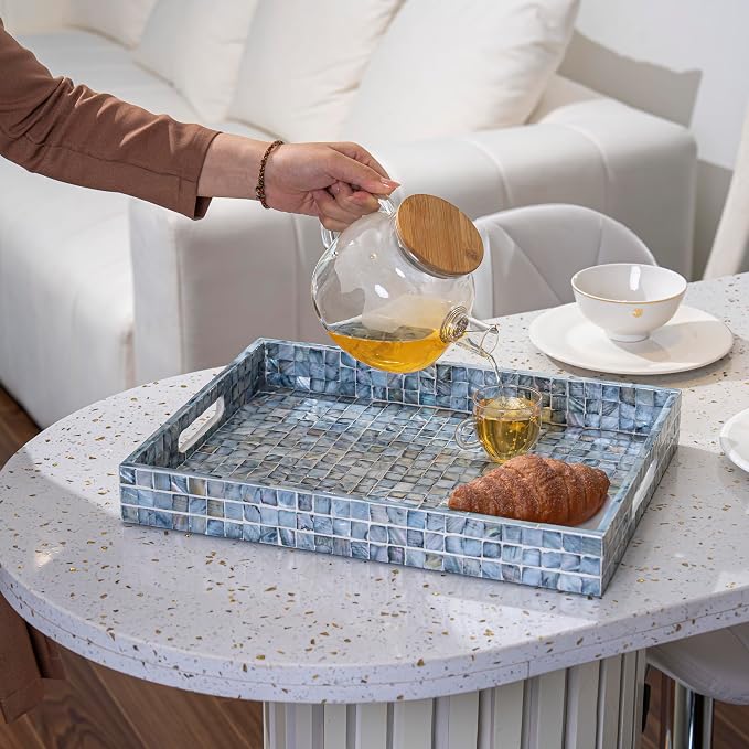 PEMAR Rectangular Mother of Pearl Serving Tray Nacre Wood Lap Ottoman Tray for Coffee Table, Luxury Decorative Handmade Eating Platters w Insert Handles (Blue)